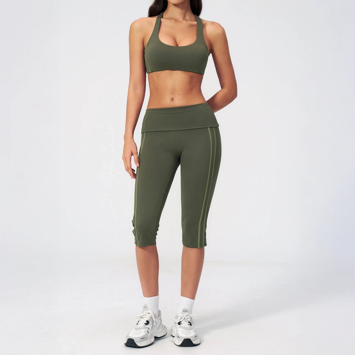 Foldover Waist Capri Yoga Leggings - Moss Green / Light Green - moss green light green full styling