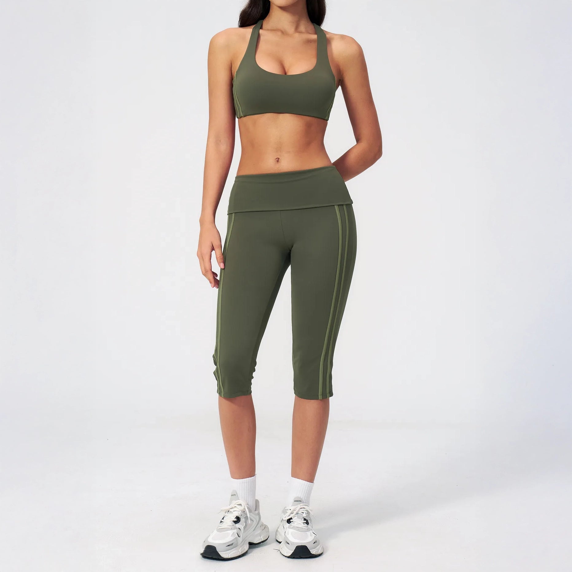 Foldover Waist Capri Yoga Leggings - Moss Green / Light Green - moss green light green full styling