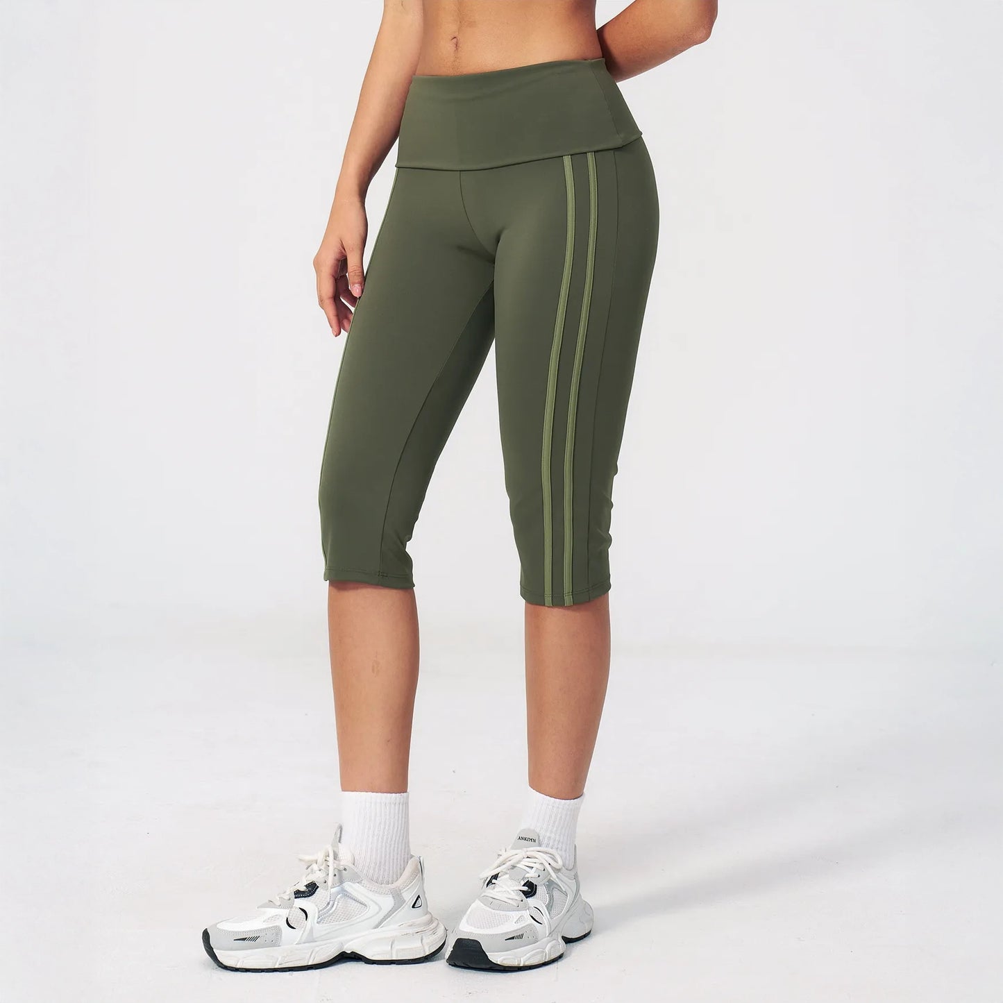 Foldover Waist Capri Yoga Leggings - Moss Green / Light Green - moss green light green side view