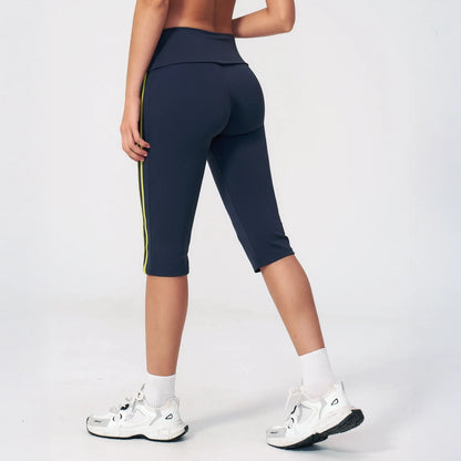 Foldover Waist Capri Yoga Leggings - Navy Blue / Neon Yellow - navy blue neon yellow back view