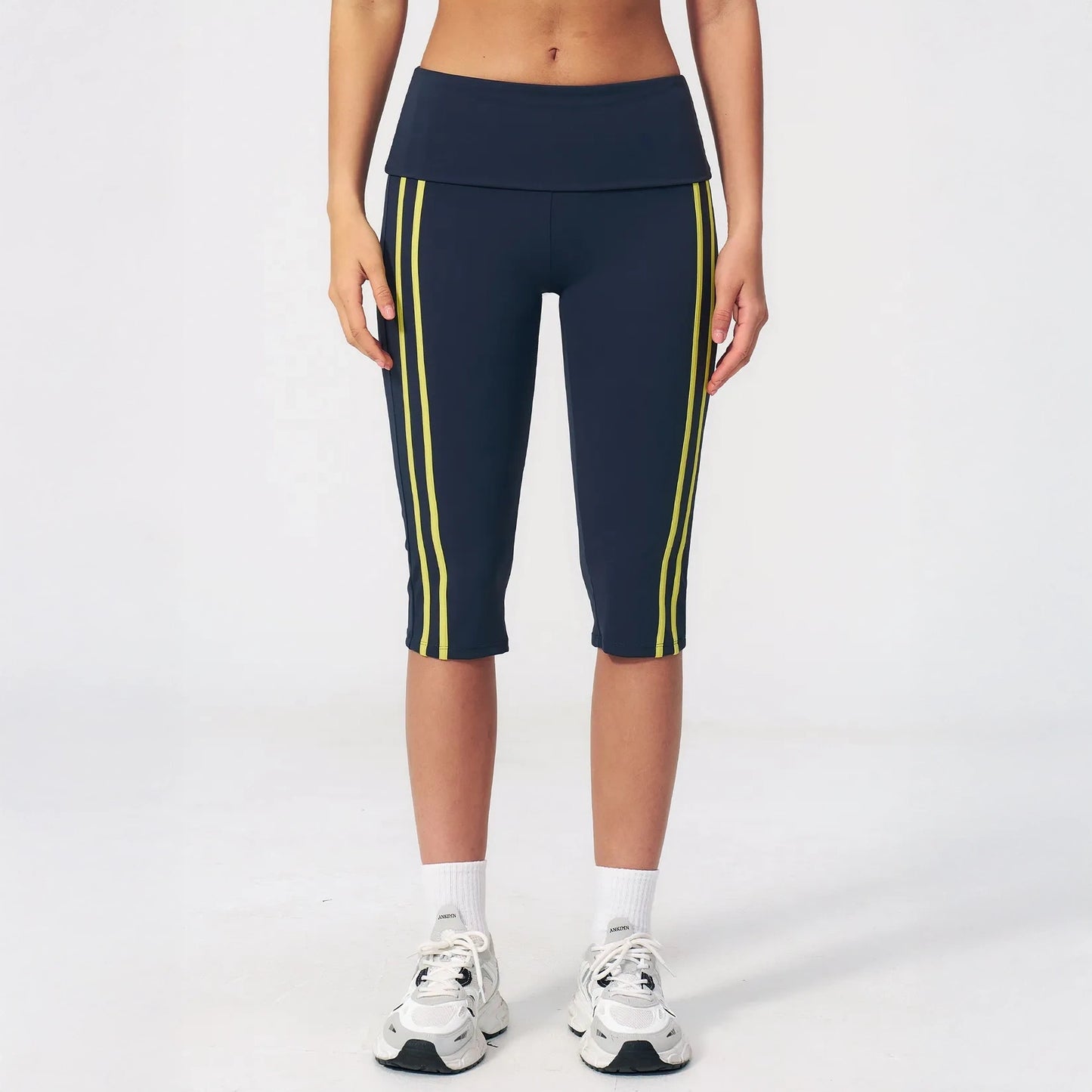 Foldover Waist Capri Yoga Leggings - Navy Blue / Neon Yellow - navy blue neon yellow front view