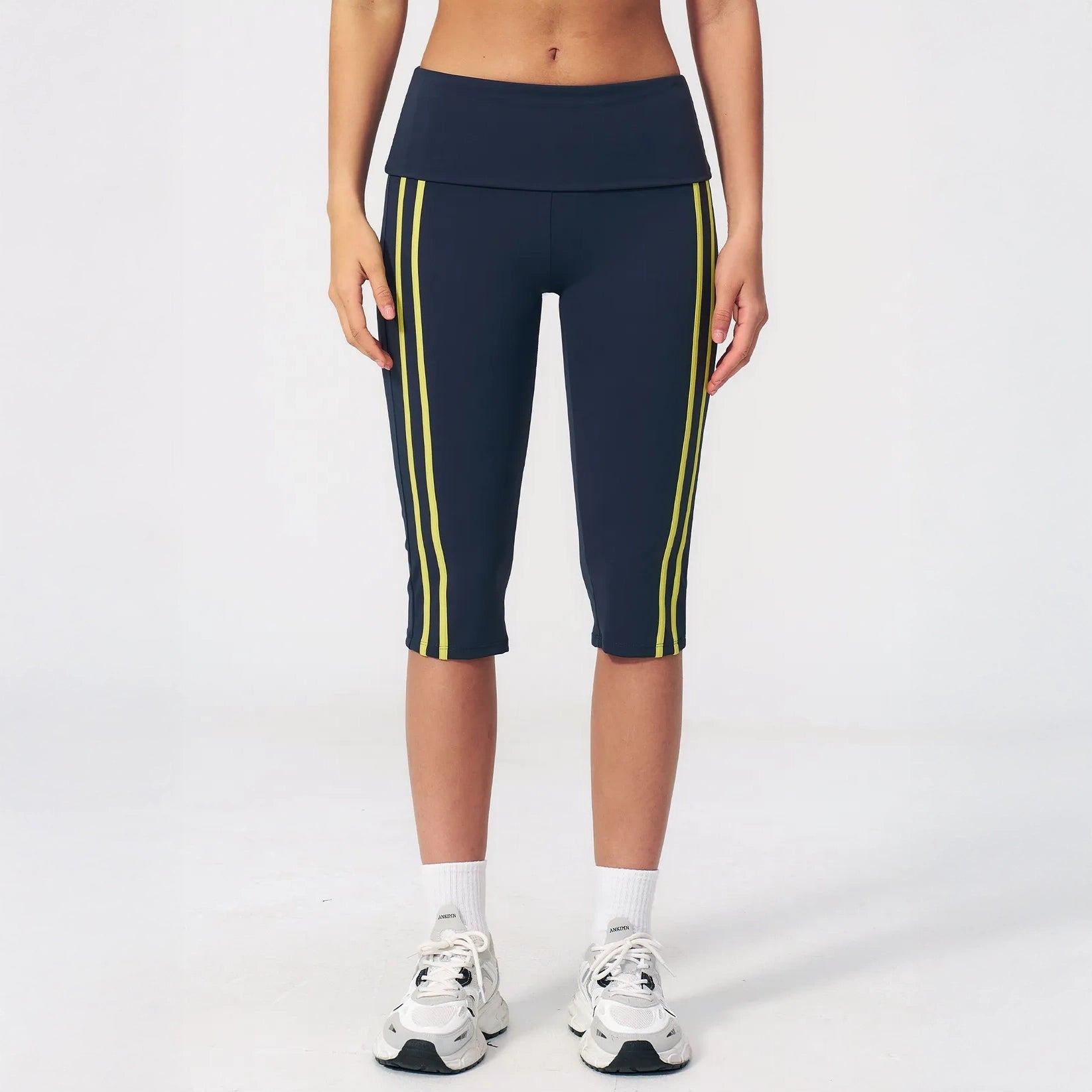 Foldover Waist Capri Yoga Leggings - Navy Blue / Neon Yellow - navy blue neon yellow front view