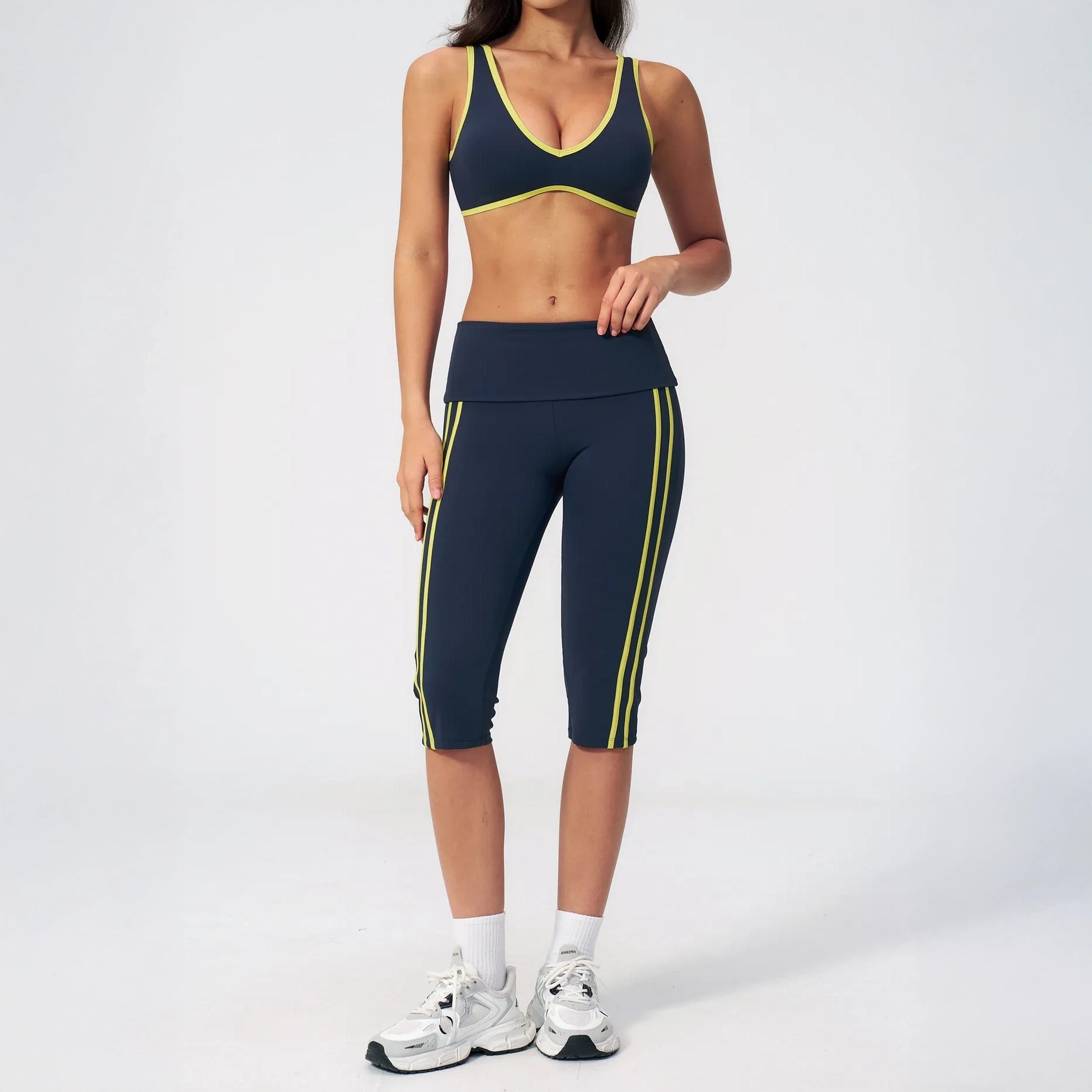 Foldover Waist Capri Yoga Leggings - Navy Blue / Neon Yellow - navy blue neon yellow full styling