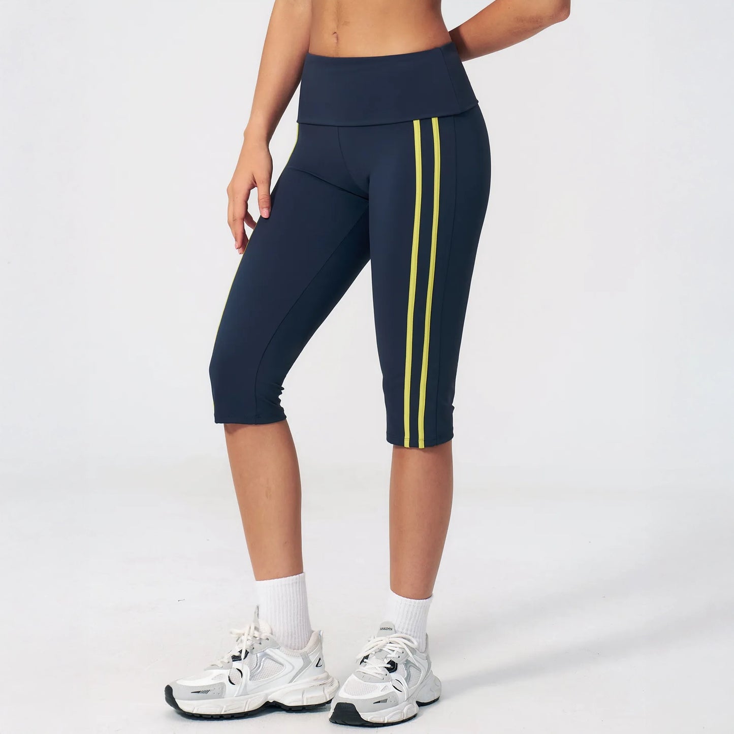 Foldover Waist Capri Yoga Leggings - Navy Blue / Neon Yellow - navy blue neon yellow side view