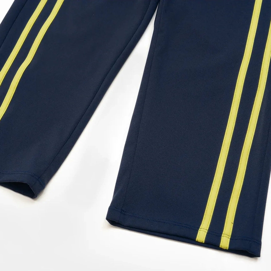 Foldover Waist Capri Yoga Leggings - Navy Blue / Neon Yellow - side stripe hem detail