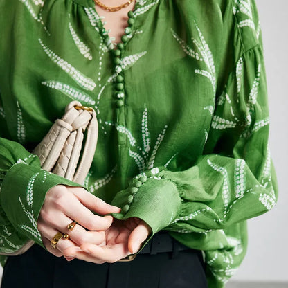 Green Fern Print Ramie Long Sleeve Shirt