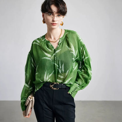 Green Fern Print Ramie Long Sleeve Shirt