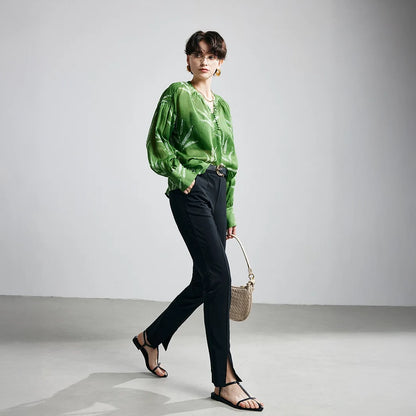 Green Fern Print Ramie Long Sleeve Shirt