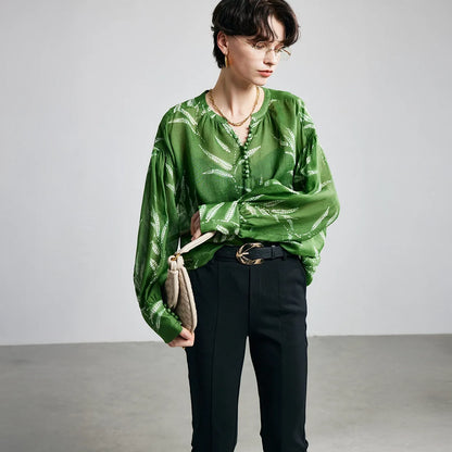 Green Fern Print Ramie Long Sleeve Shirt