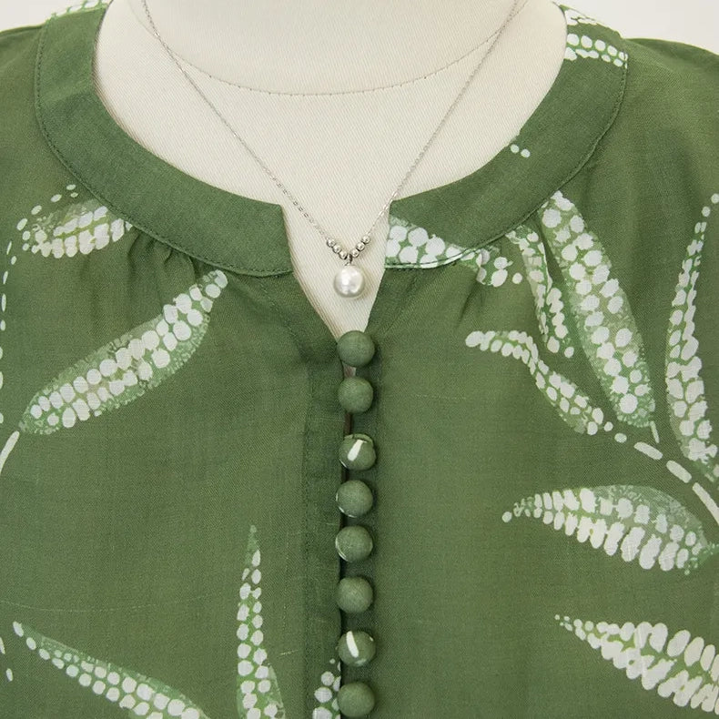 Green Fern Print Ramie Long Sleeve Shirt