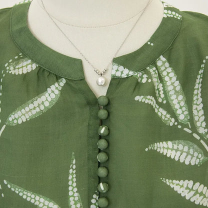 Green Fern Print Ramie Long Sleeve Shirt