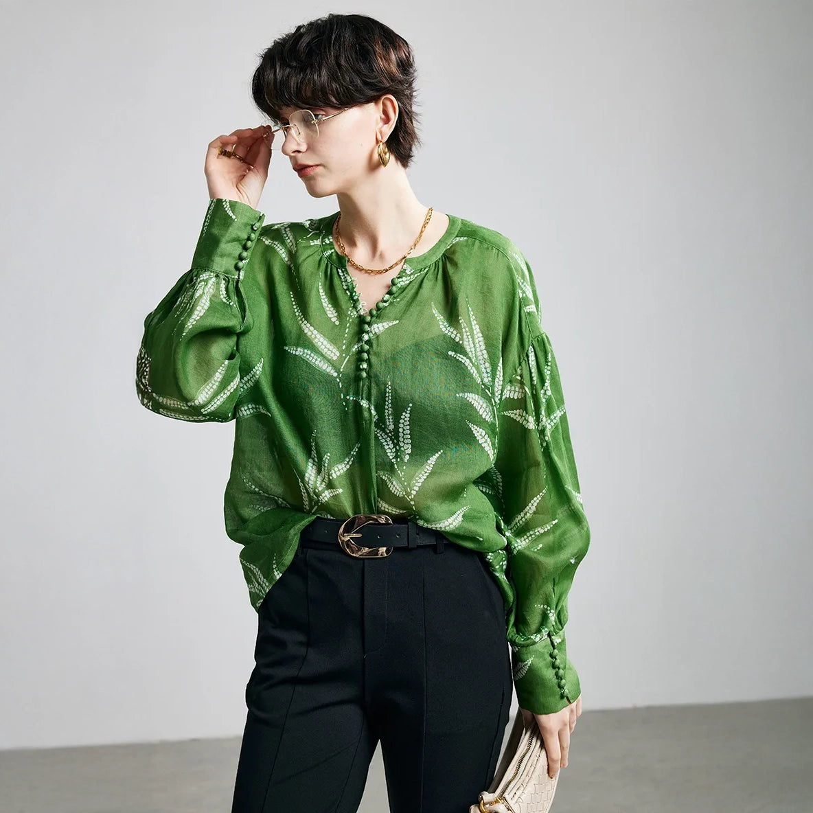 Green Fern Print Ramie Long Sleeve Shirt