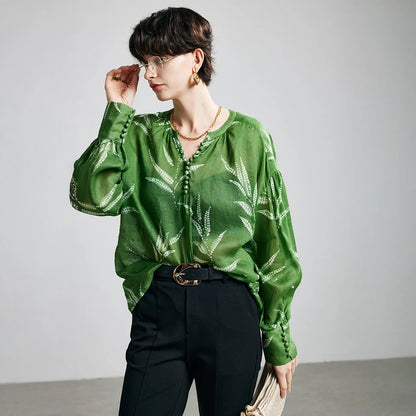 Green Fern Print Ramie Long Sleeve Shirt