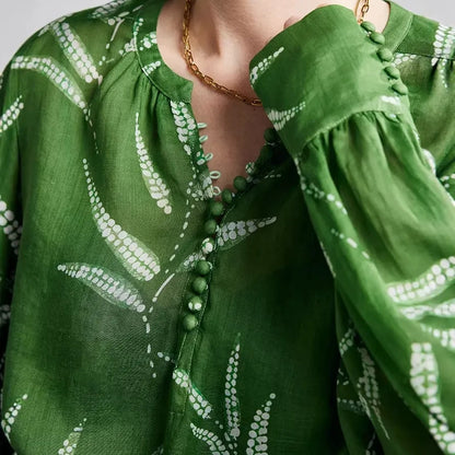 Green Fern Print Ramie Long Sleeve Shirt