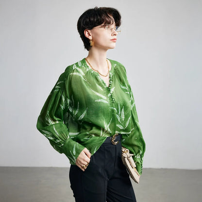 Green Fern Print Ramie Long Sleeve Shirt