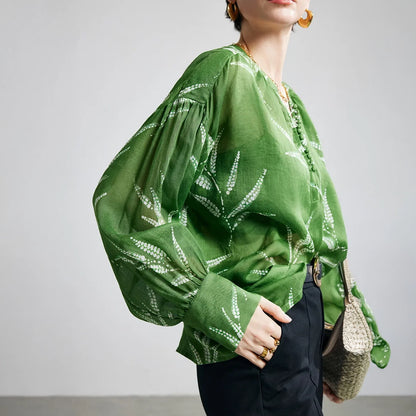 Green Fern Print Ramie Long Sleeve Shirt