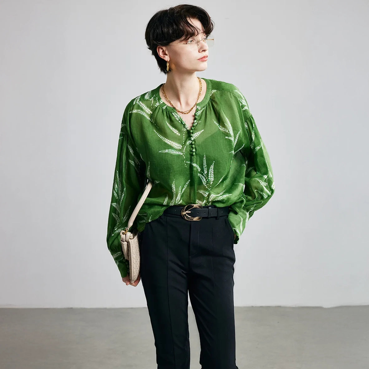 Green Fern Print Ramie Long Sleeve Shirt