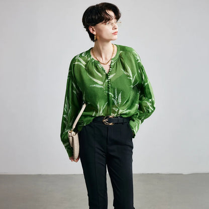 Green Fern Print Ramie Long Sleeve Shirt