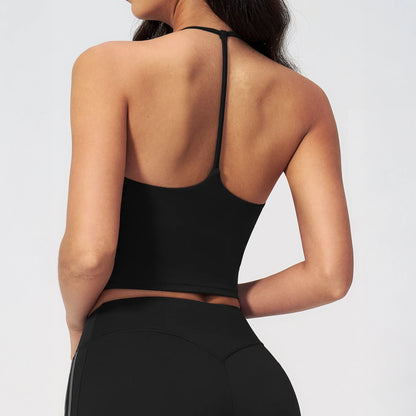 Halter V-Neck Padded Yoga Tank Top - Black - black back styling