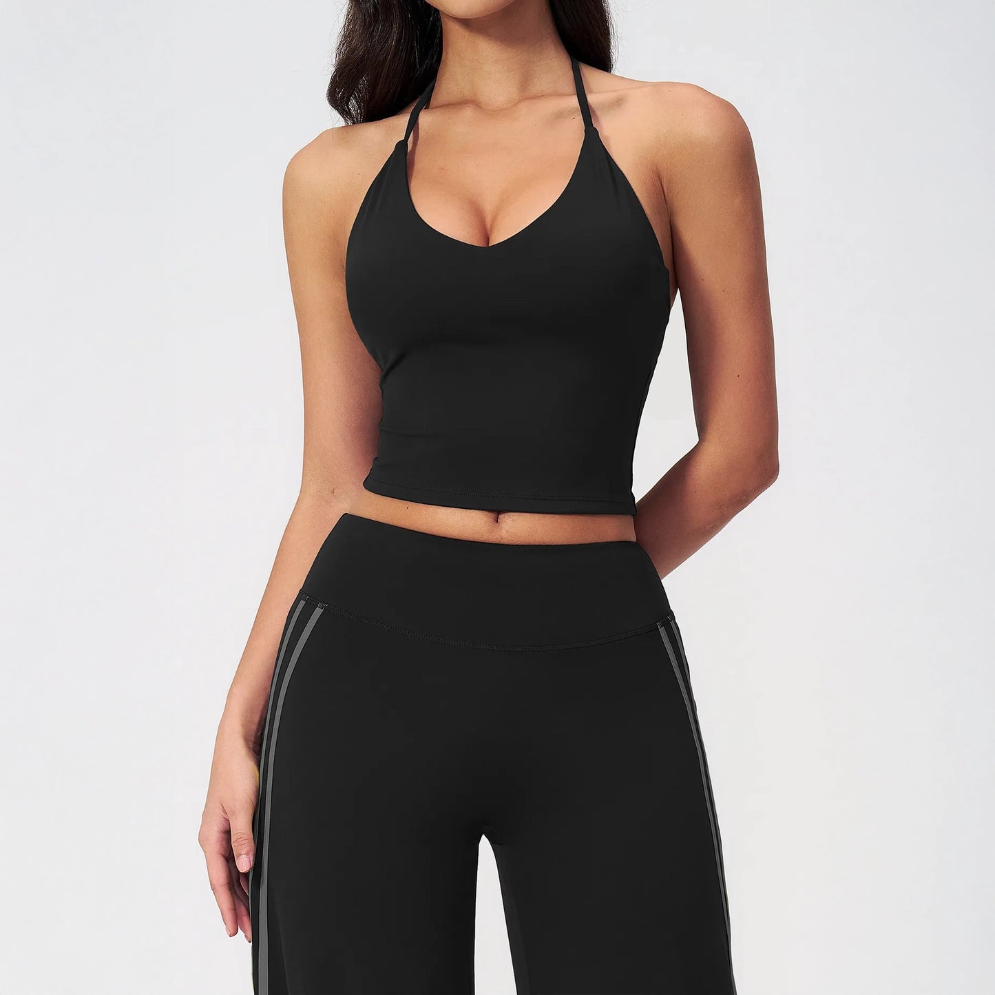 Halter V-Neck Padded Yoga Tank Top - Black - black front view