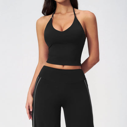 Halter V-Neck Padded Yoga Tank Top - Black - black front view