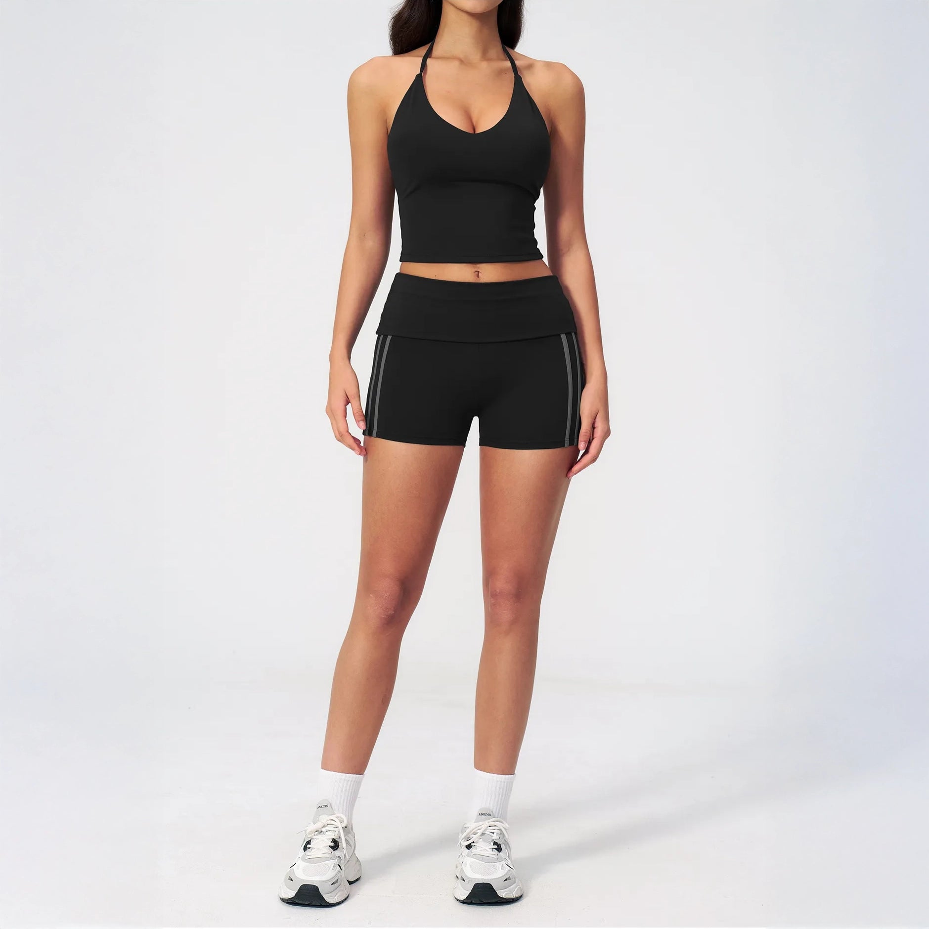 Halter V-Neck Padded Yoga Tank Top - Black - black full styling