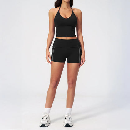 Halter V-Neck Padded Yoga Tank Top - Black - black full styling