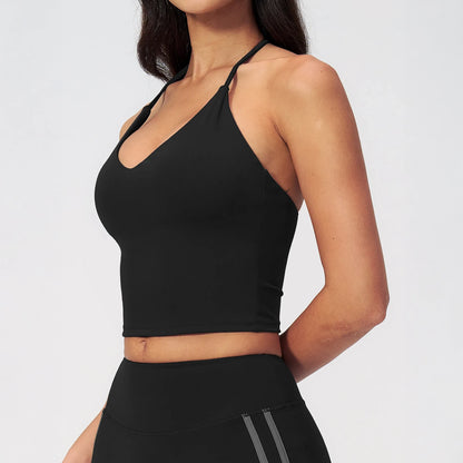 Halter V-Neck Padded Yoga Tank Top - Black - black side view