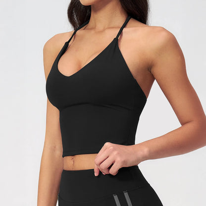 Halter V-Neck Padded Yoga Tank Top - Black - black v neck front detail