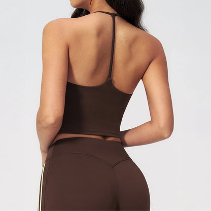 Halter V-Neck Padded Yoga Tank Top - Coffee Brown - coffee brown back styling