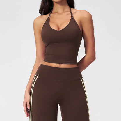 Halter V-Neck Padded Yoga Tank Top - Coffee Brown - coffee brown front view
