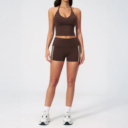 Halter V-Neck Padded Yoga Tank Top - Coffee Brown - coffee brown full styling
