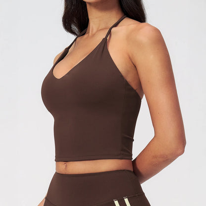 Halter V-Neck Padded Yoga Tank Top - Coffee Brown - coffee brown side view