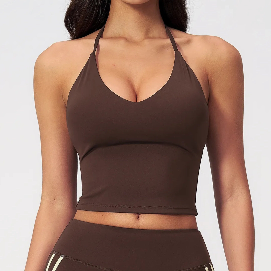 Halter V-Neck Padded Yoga Tank Top - Coffee Brown - coffee brown v neck front detail