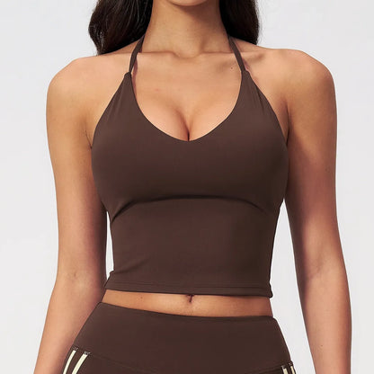 Halter V-Neck Padded Yoga Tank Top - Coffee Brown - coffee brown v neck front detail