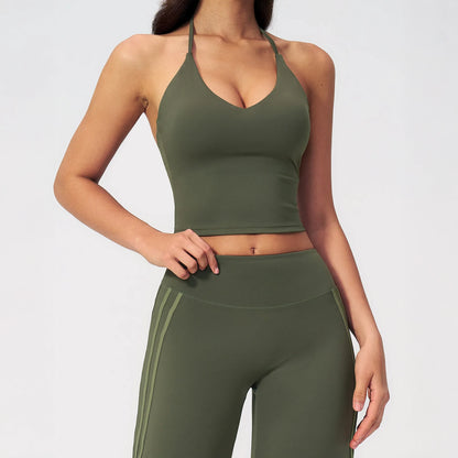 Halter V-Neck Padded Yoga Tank Top - Moss Green - moss green front view