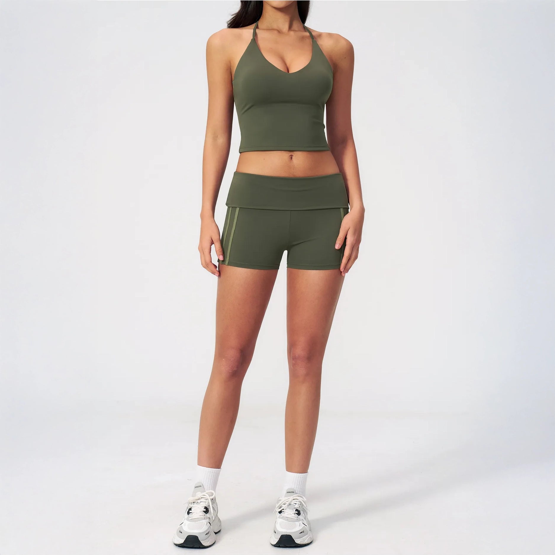 Halter V-Neck Padded Yoga Tank Top - Moss Green - moss green full styling