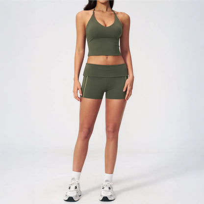 Halter V-Neck Padded Yoga Tank Top - Moss Green - moss green full styling