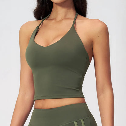 Halter V-Neck Padded Yoga Tank Top - Moss Green - moss green side view