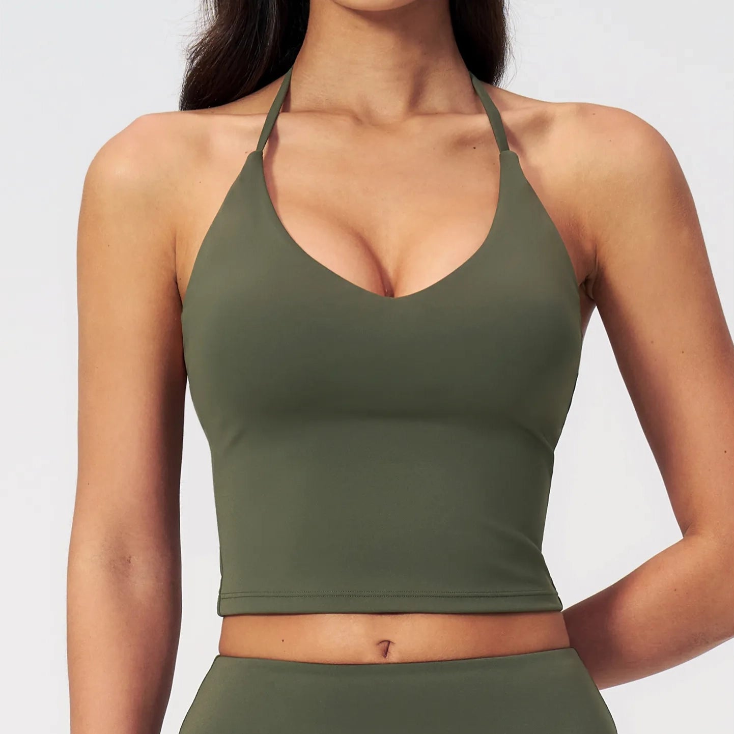Halter V-Neck Padded Yoga Tank Top - Moss Green - moss green v neck front detail