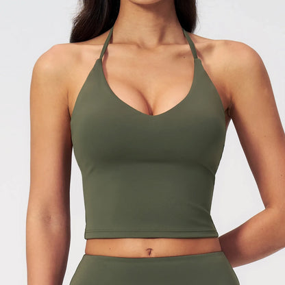 Halter V-Neck Padded Yoga Tank Top - Moss Green - moss green v neck front detail