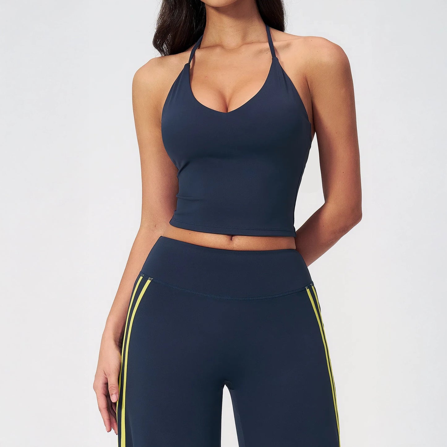 Halter V-Neck Padded Yoga Tank Top - Navy Blue - navy blue front view
