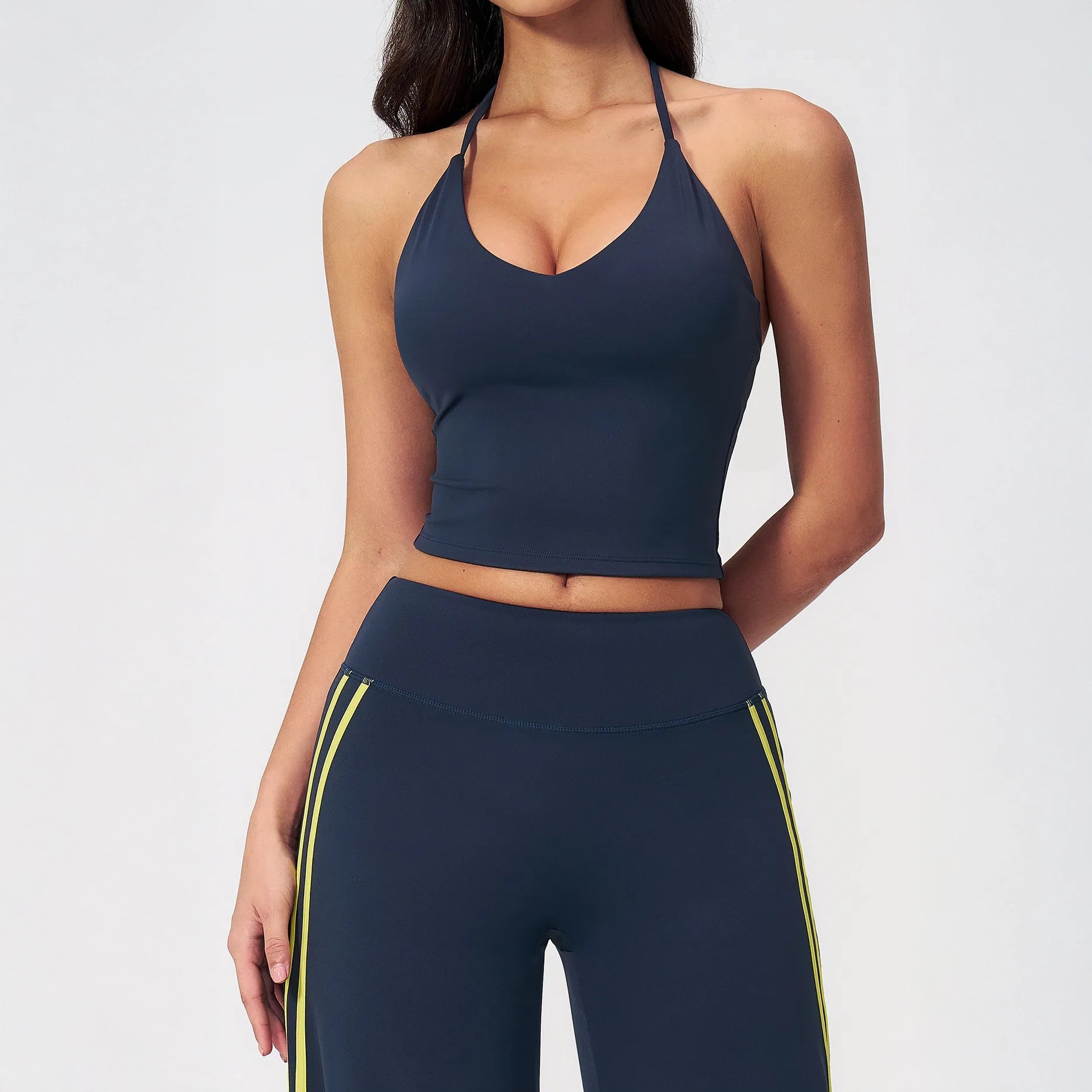 Halter V-Neck Padded Yoga Tank Top - Navy Blue - navy blue front view