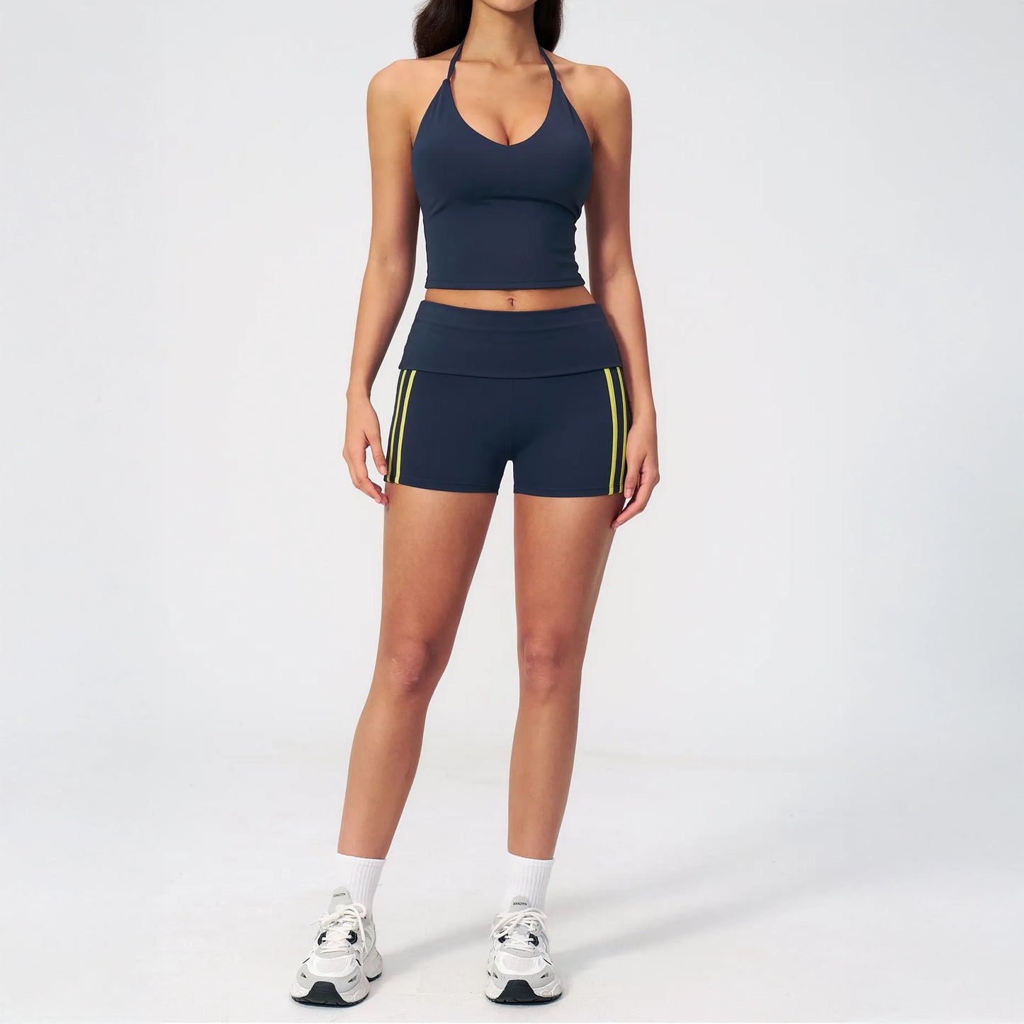 Halter V-Neck Padded Yoga Tank Top - Navy Blue - navy blue full styling