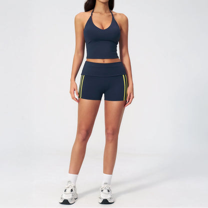 Halter V-Neck Padded Yoga Tank Top - Navy Blue - navy blue full styling