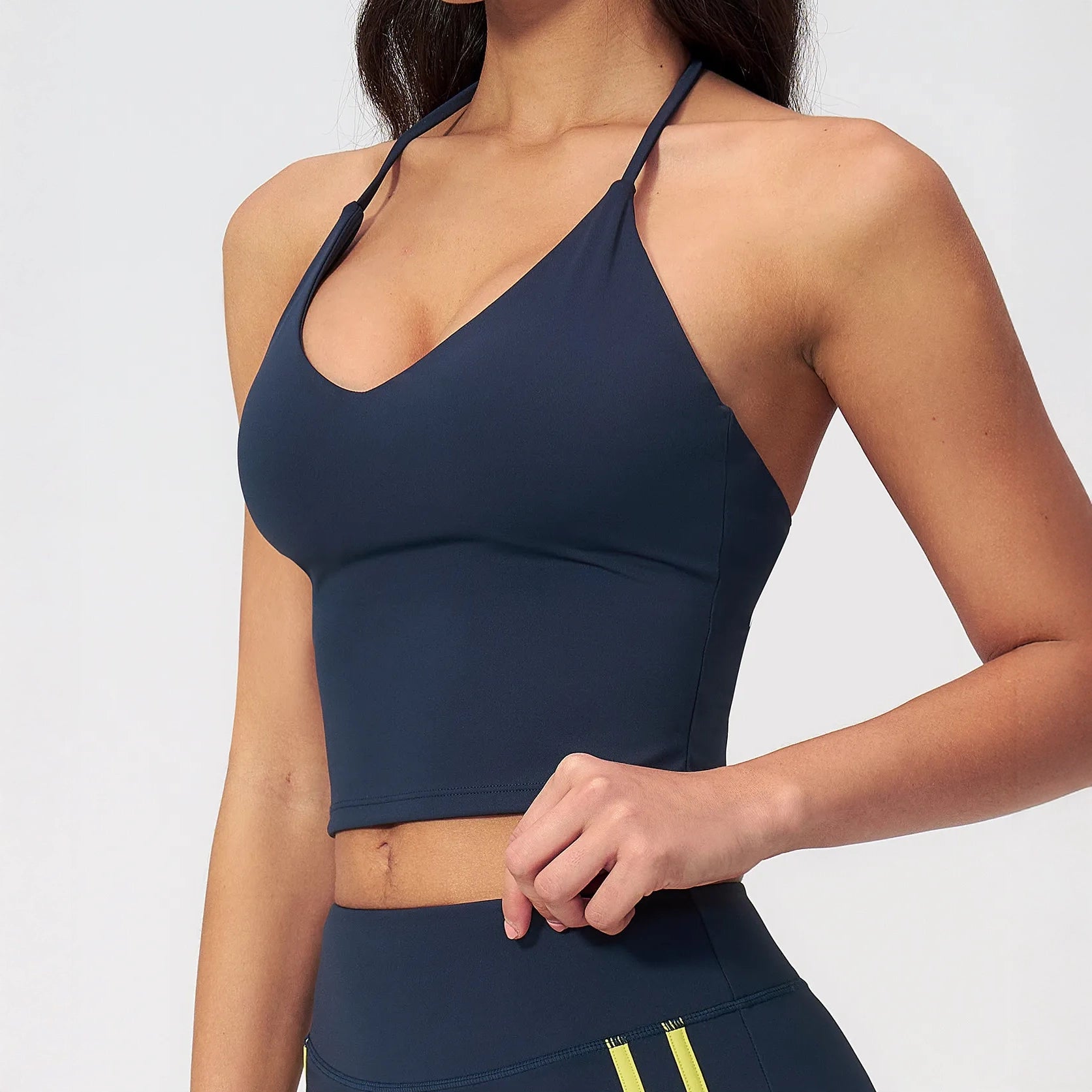 Halter V-Neck Padded Yoga Tank Top - Navy Blue - navy blue side view