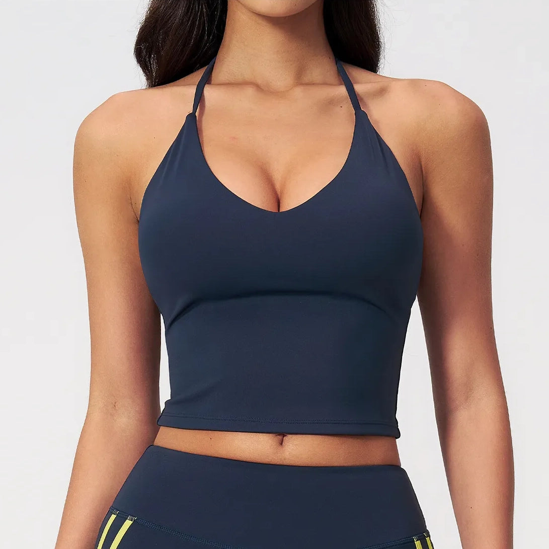 Halter V-Neck Padded Yoga Tank Top - Navy Blue - navy blue v neck front detail