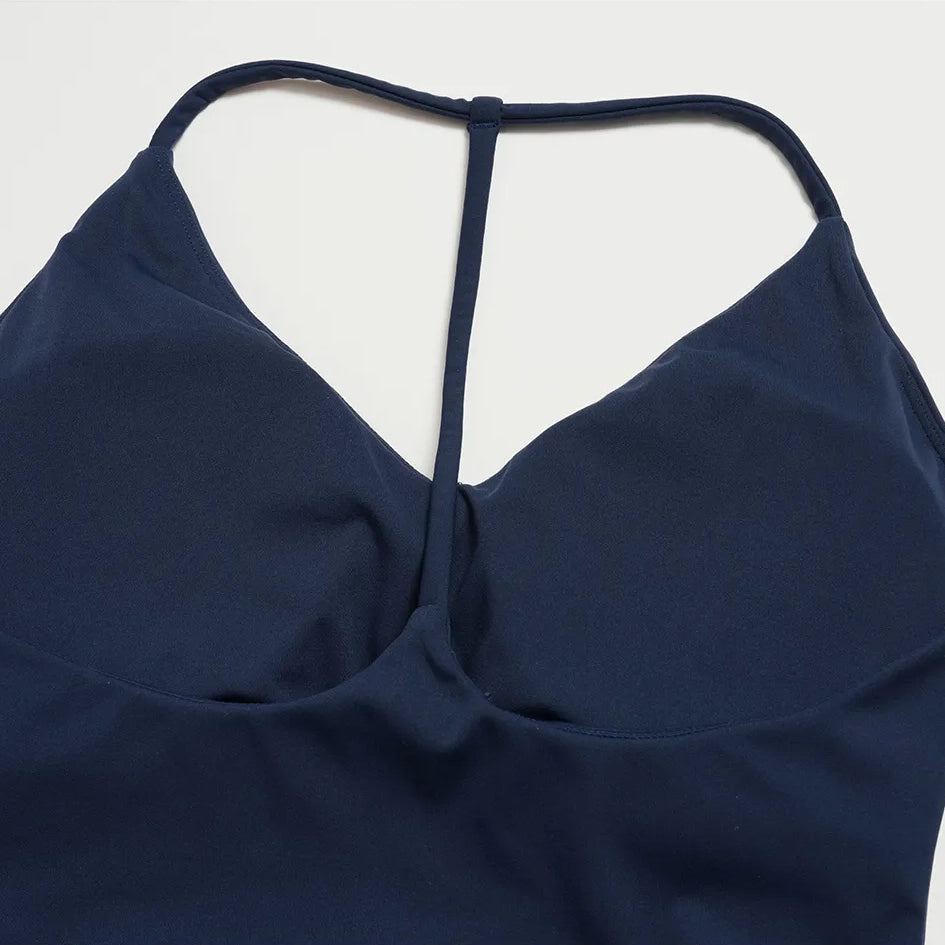 Halter V-Neck Padded Yoga Tank Top - Navy Blue - navy blue y back strap detail