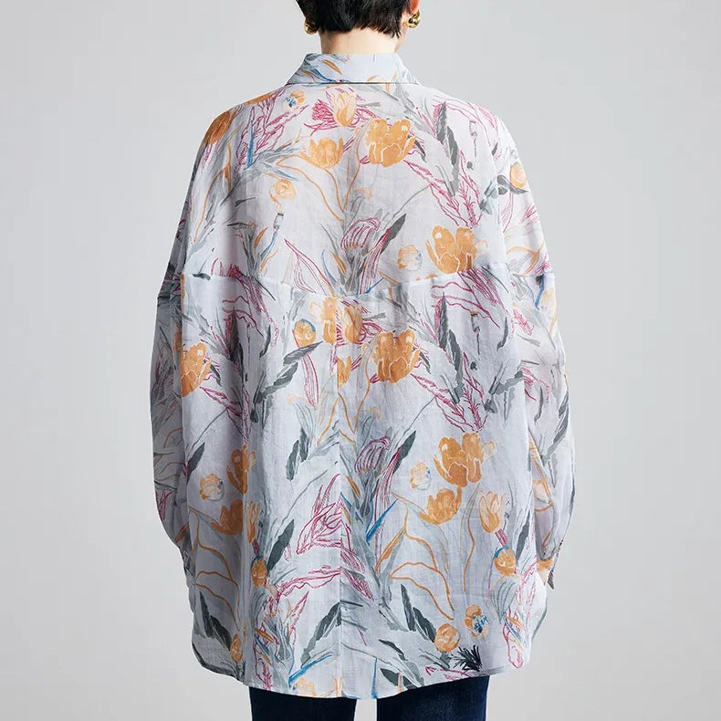 Tulip Print Ramie Long Sleeve Shirt