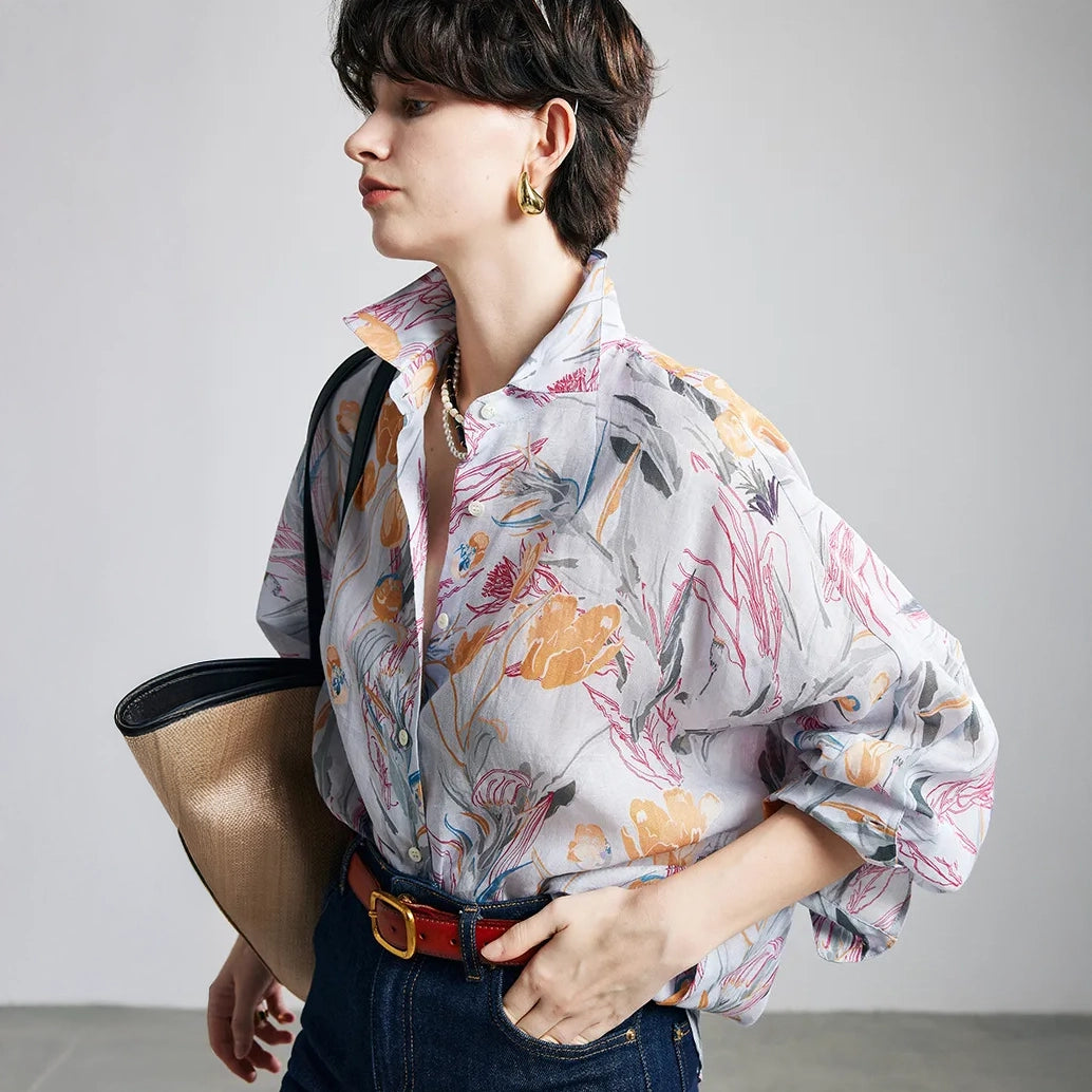 Tulip Print Ramie Long Sleeve Shirt